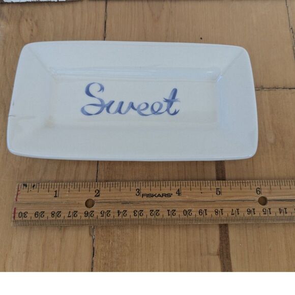 Fishs Eddy Rectangular Ceramic Butter Dish with Sweet Written in Blue - Picture 1 of 5